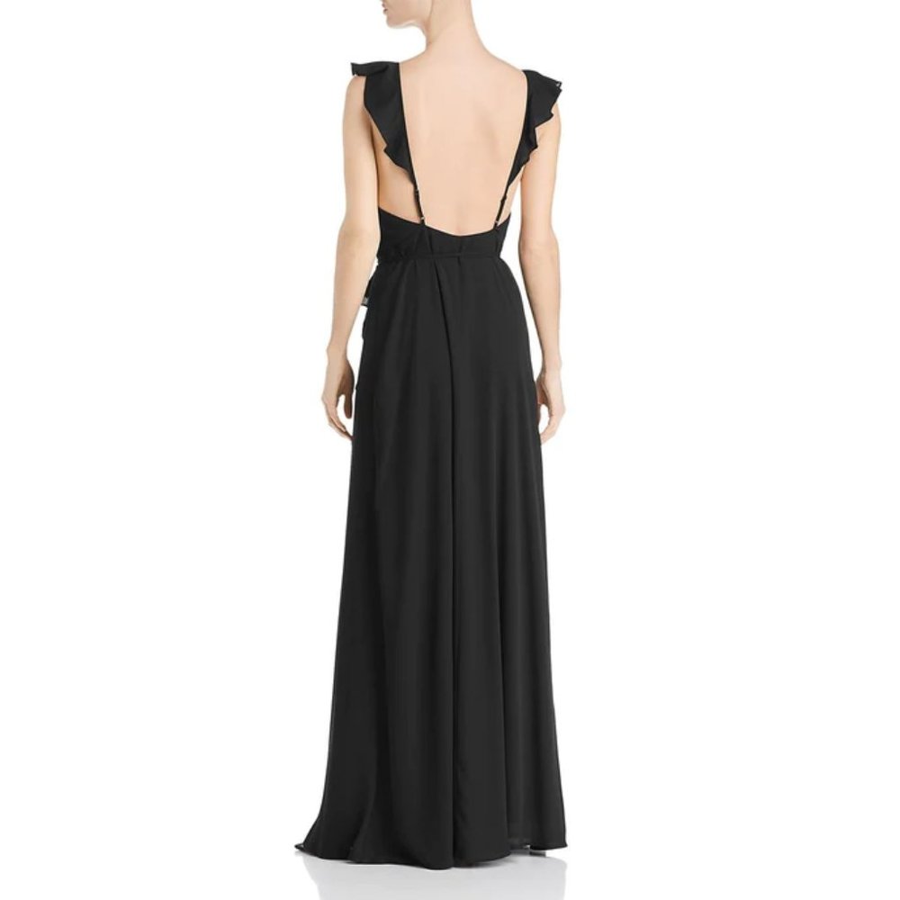 WAYF Elise Ruffled Open Back Wrap Maxi Dress Gown in Black Size XL New NWT